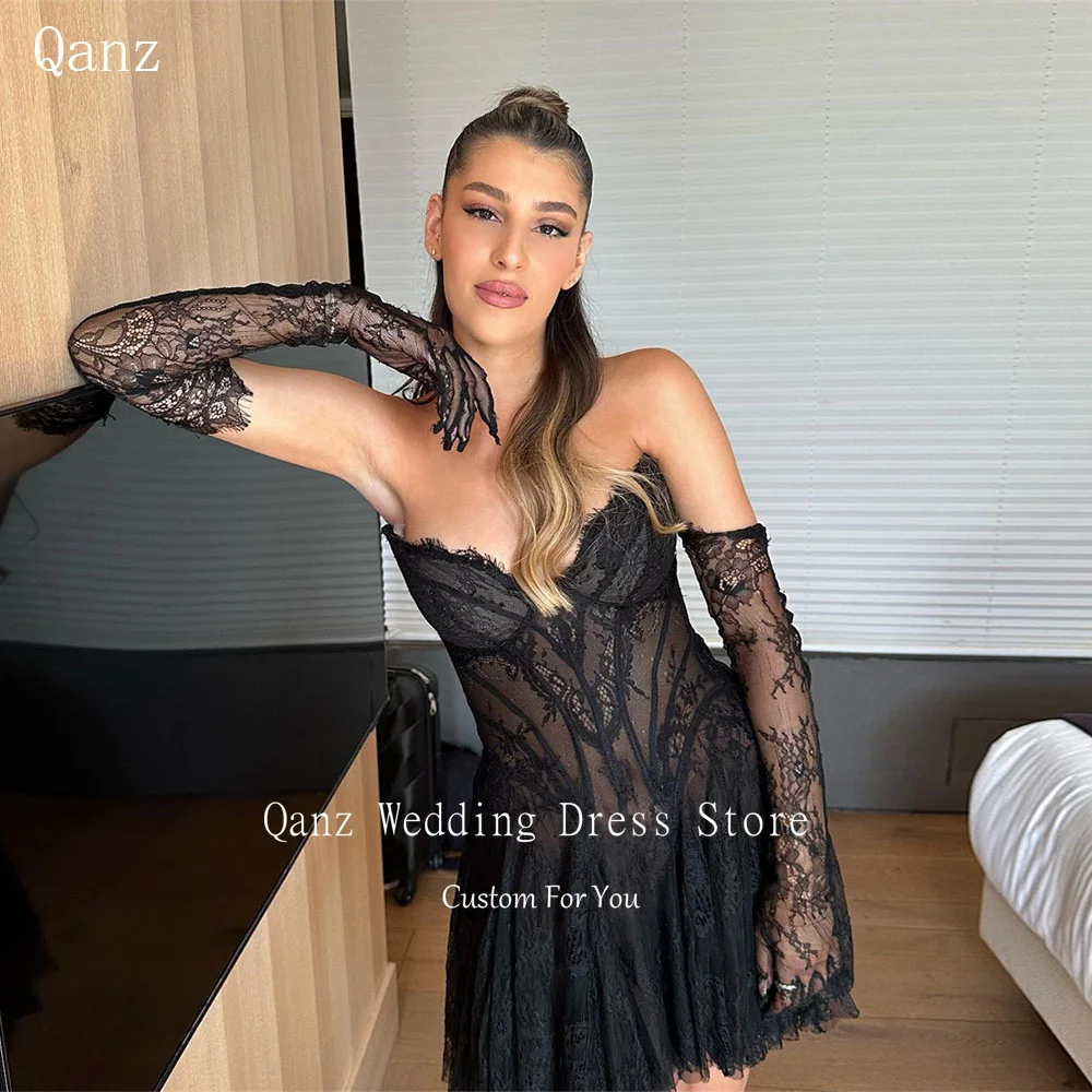 

Qanz Illusion Black Full Lace Short Prom Dresses Sweetheart Vestidos De Festa Mini A Line Sexy Vestidos De Graduación Customized