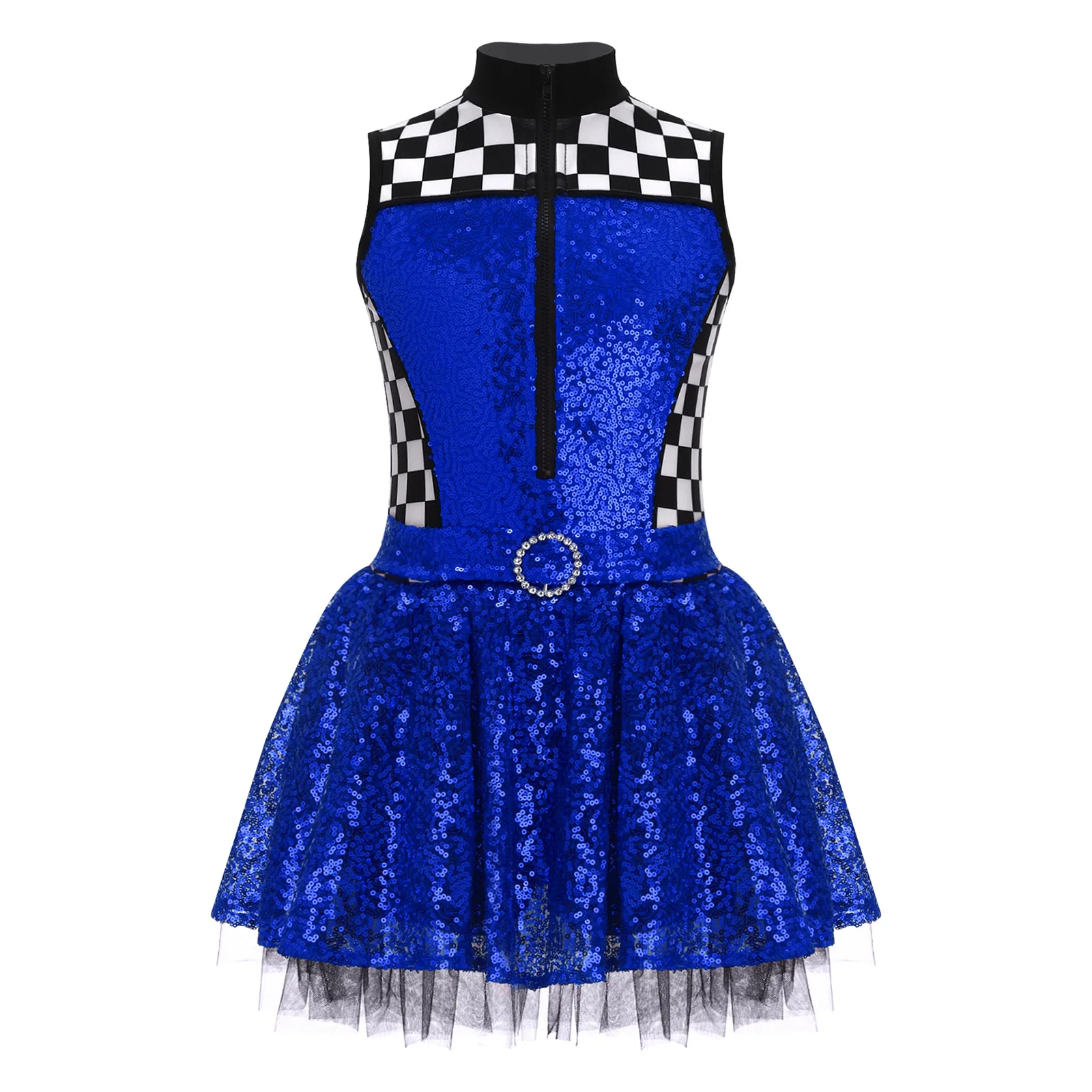 Disfraz de conductor de coche de carreras para niñas, vestido de Halloween con lentejuelas, cuello simulado, sin mangas, decoración de diamantes de imitación, vestido de juego de rol hinchado