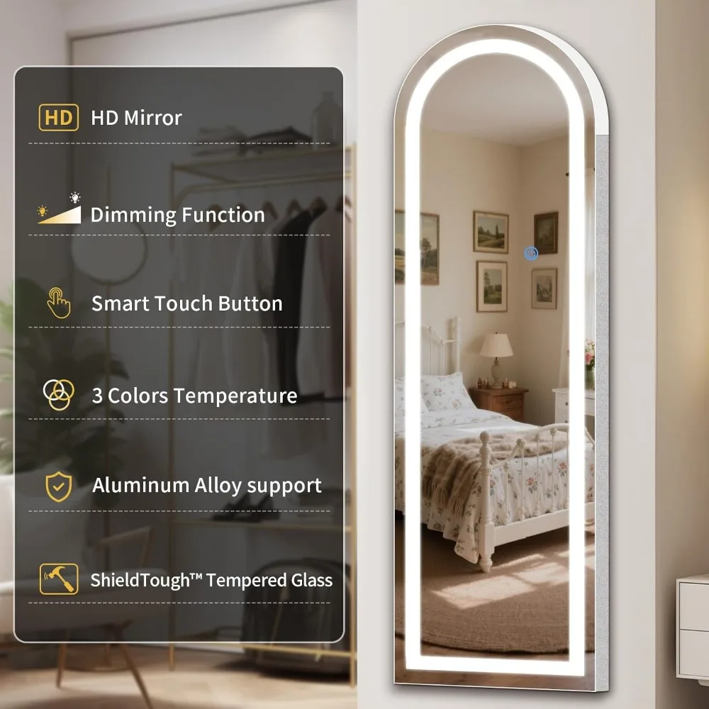 Specchio da terra a figura intera illuminato a LED, 63" x 20", luminosità regolabile, 3 opzioni di colore, specchio alto per la casa