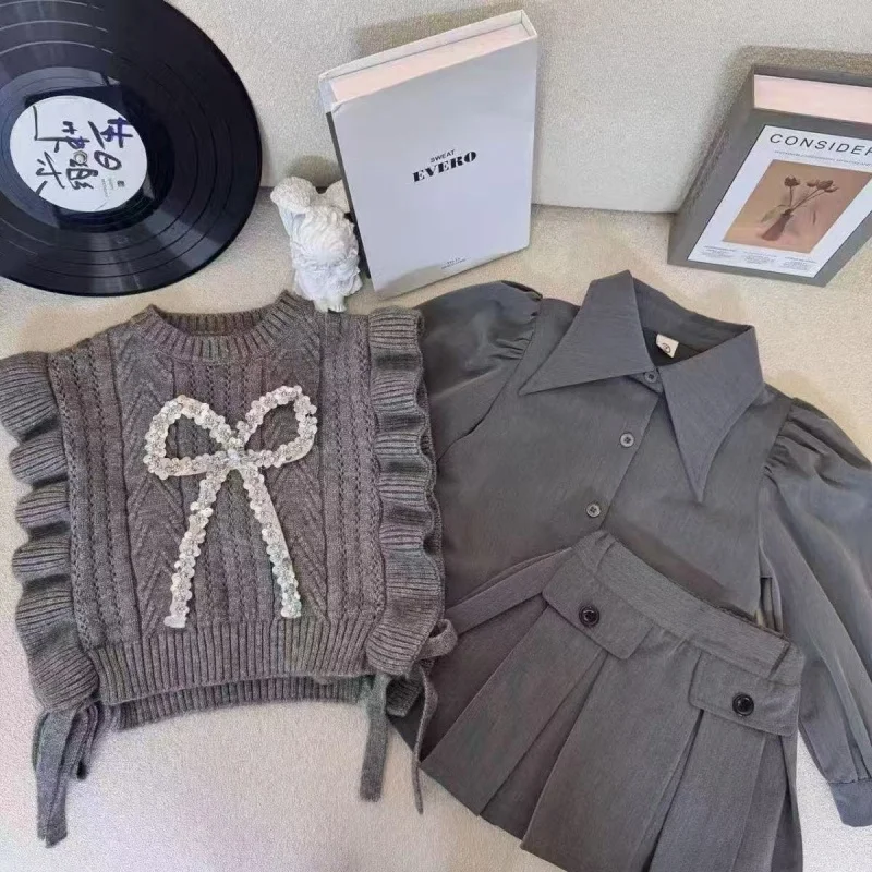 

Girls Spring and Autumn Outfit Set Kids College Style Three Piece Knitted Vest Shirt Pleated Skirt Stylish Children's Clothing