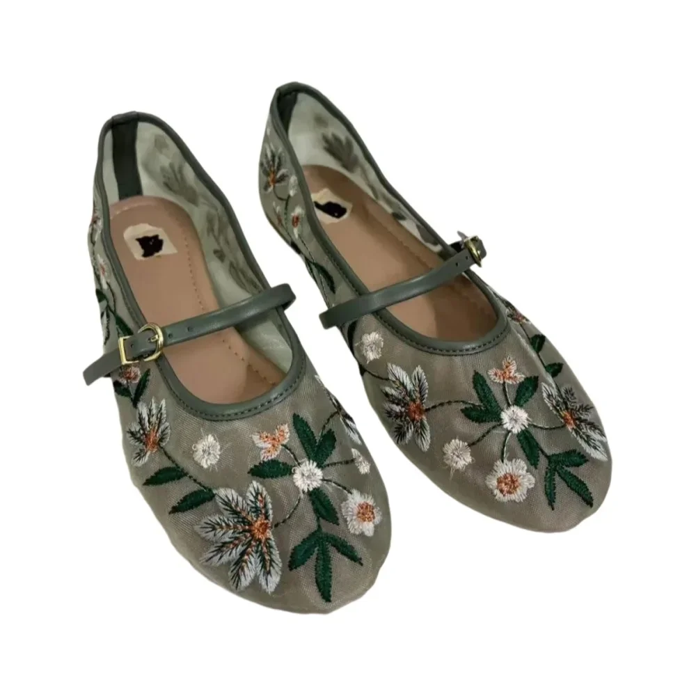 Chino tradicional malha bordado flor ballet apartamentos feminino luz respirável mary jane sapatos confortáveis sapato casual