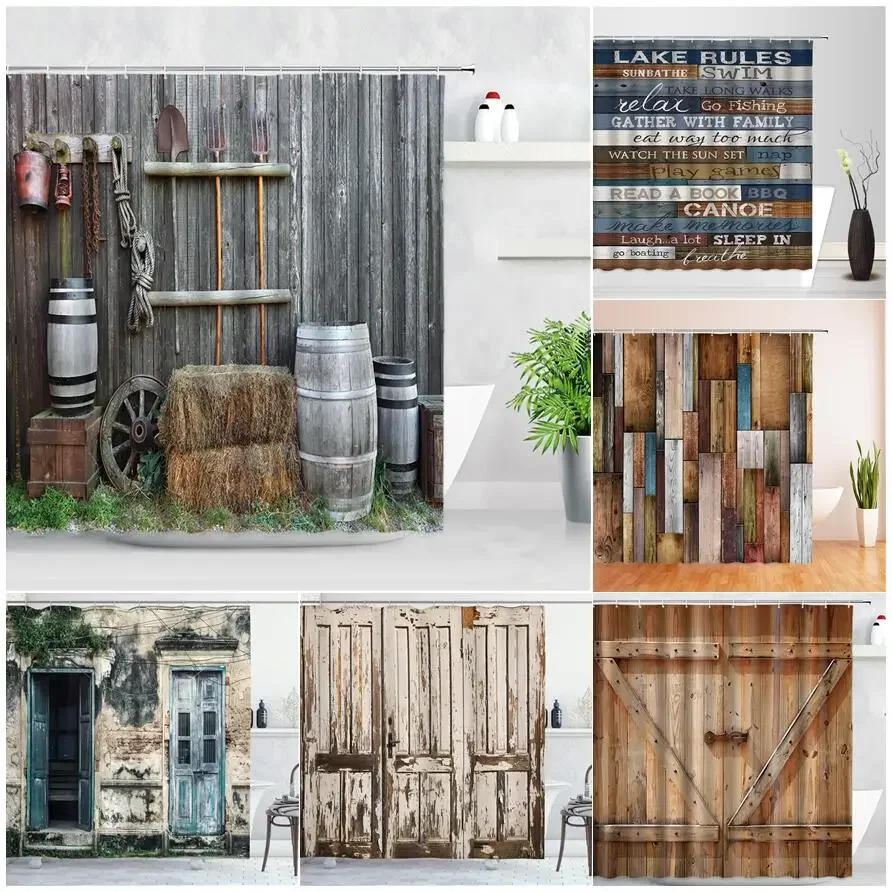 Retro Rustic Wood Doors Shower Curtains Vintage Farm Barn Old Door Home Decor Waterproof Polyester Fabric Bathroom Curtain Set