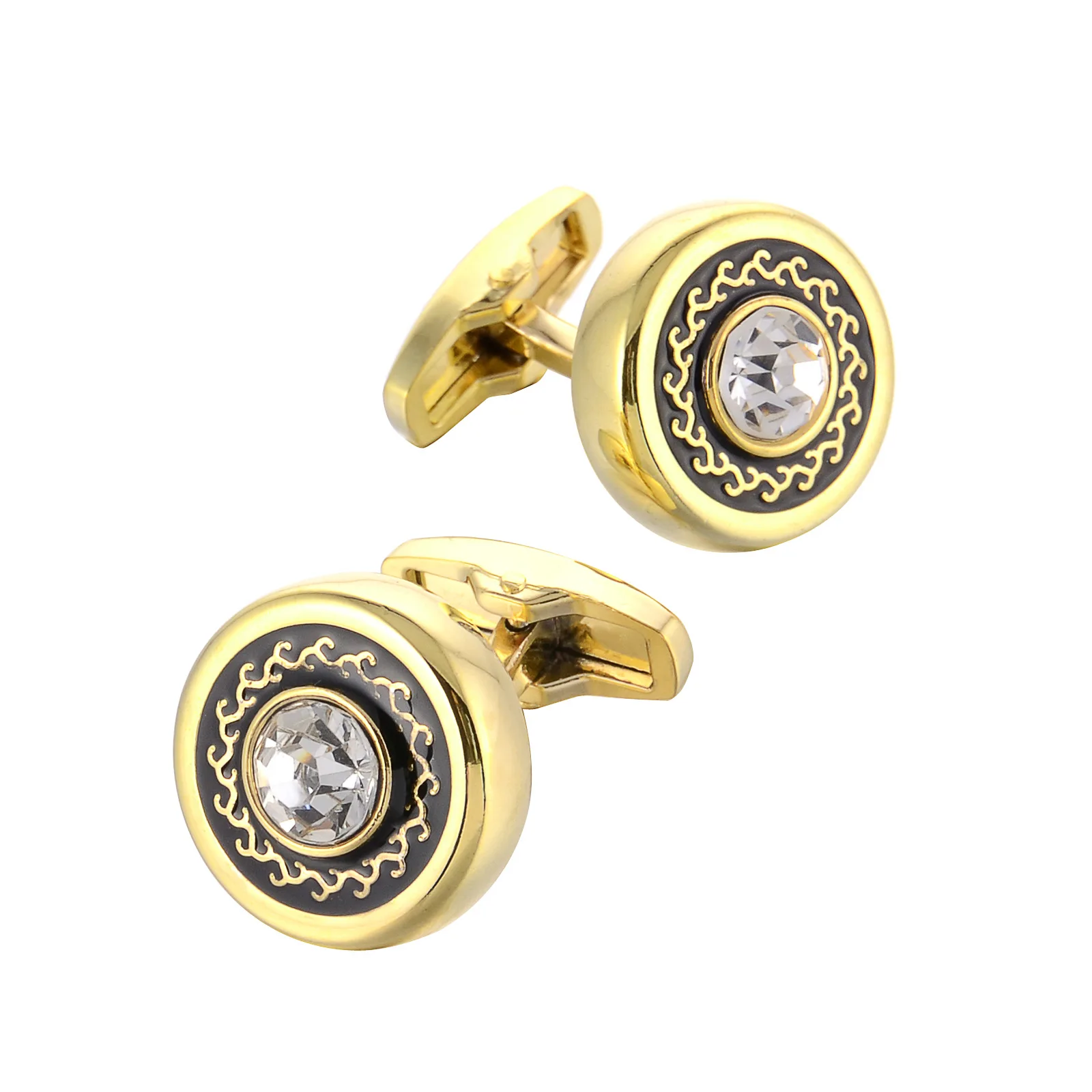 High-Quality Round Gold Plated Crystal Mens Cufflinks Wedding Groom Cuff Buttons Gift Jewelry Father Accessories