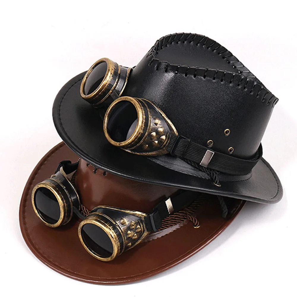 Steampunk Cowboy Hat With Goggles Retro Faux Leather Wide Brim Western Hat Men Women Halloween Cosplay Party Costume Accessory