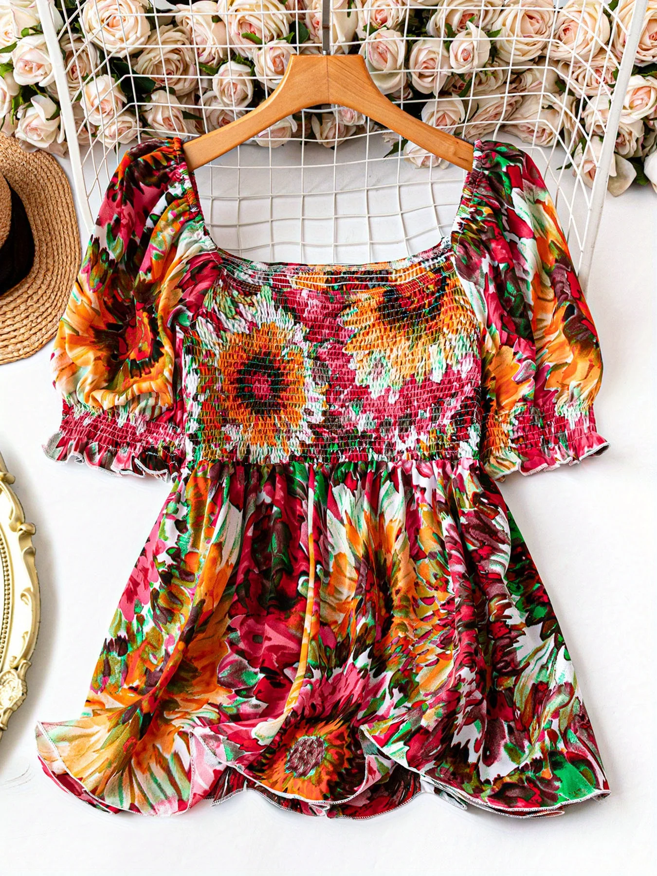 Women's Plus-Size Elegant Smocked All-Over Print Blouse – Square Neck, Short Sleeve, Fitted Waist – Casual Vacation Top