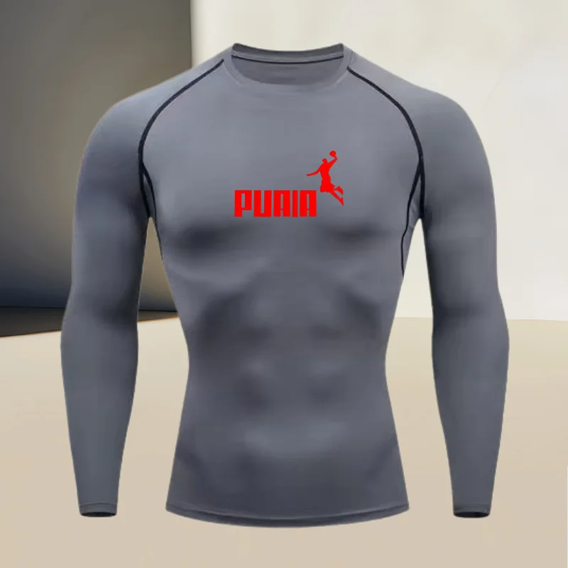 Camiseta masculina de manga comprida, gola redonda, fina, esportiva, de secagem rápida, modeladora de músculos, tecido de alta elasticidade.