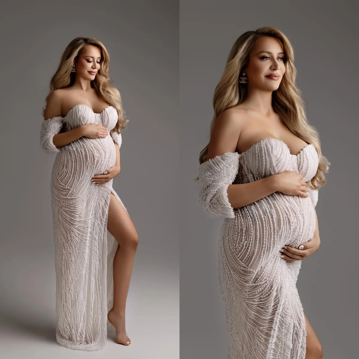 Graceful Dresses Women Robe Off Shoulder Pearls Maternity Dressing Pregnant Gown For Photography Custom Made