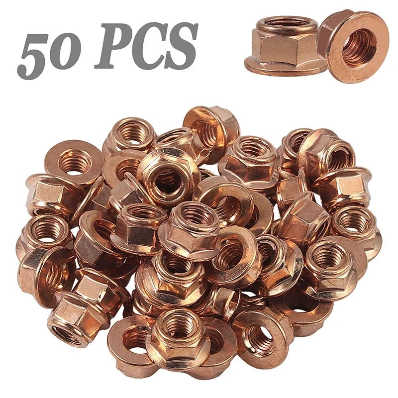 Tuercas de seguridad para pernos de culata, tornillos de cobre, tuercas de bloqueo para bridas de turbo, 50 unidades, tuercas hexagonales de cobre para escape M8, cobreadas