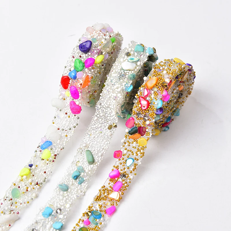 1Meter Gravel Decorative Trims Hot Fix Colored Stone Caviar Beads Wrap Ribbon Tape Iron On Fabric Clothes Diy Dress Shoes Bags