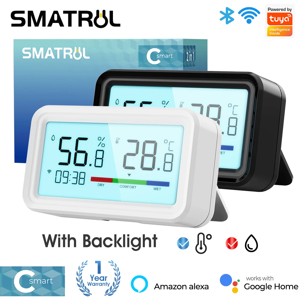 SMATRUL Tuya Smart Wireless Wifi Indoor Hygrometer Thermometer Sensor Monitor With Backlight Remote App Voice Alexa Google Home