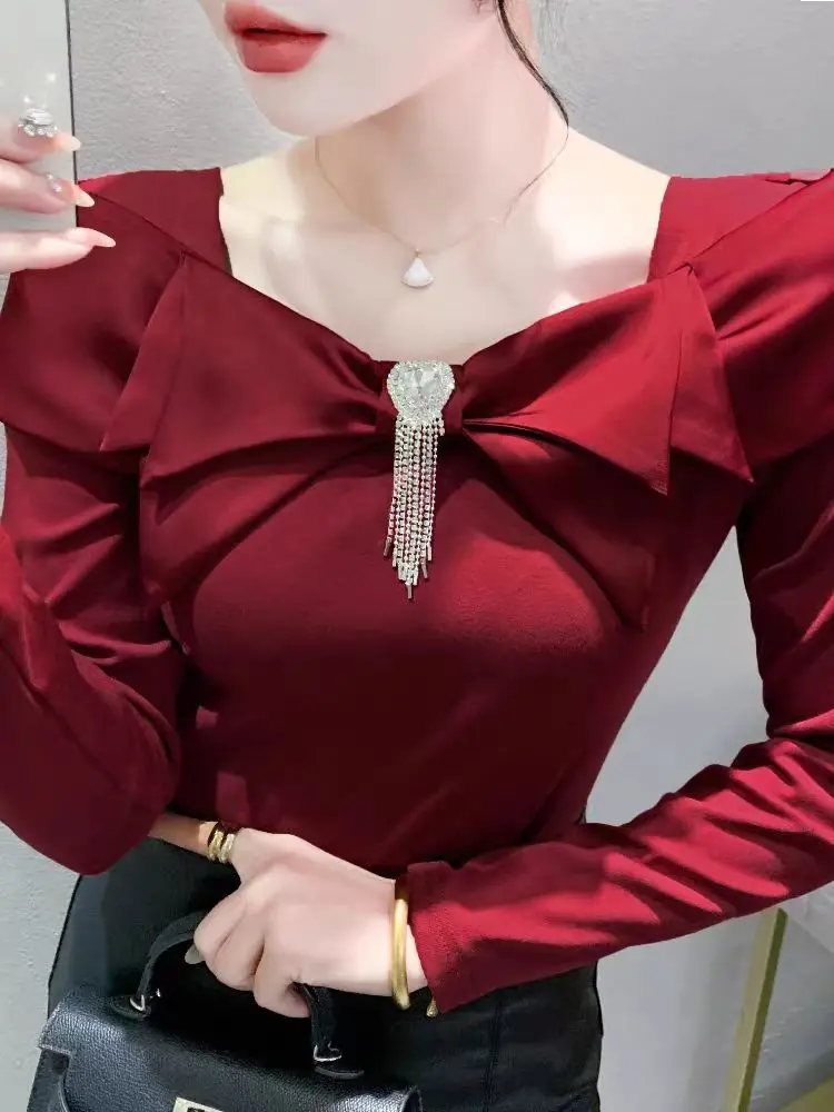 Real Photos Square Collar Cotton TShirt Women Patched Bowknot Full Sleeve Fashion Sweet Slim T-shirts