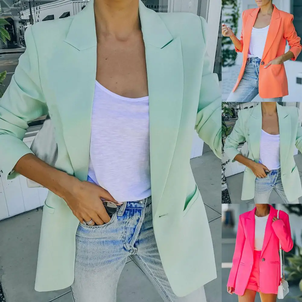 Blazer leve de manga comprida feminino com bolsos, cardigã chique, terno de escritório fino, jaqueta casual