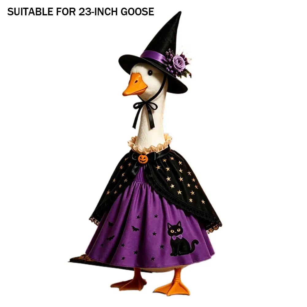 Halloween-Gänse-Hexen-Kostüm mit Hut, Schwarzes-Katzen-Muster, Garten-Veranda-Gänse-Dekor-Outfit für Party, Garten und Außenstatuen – Detail 12