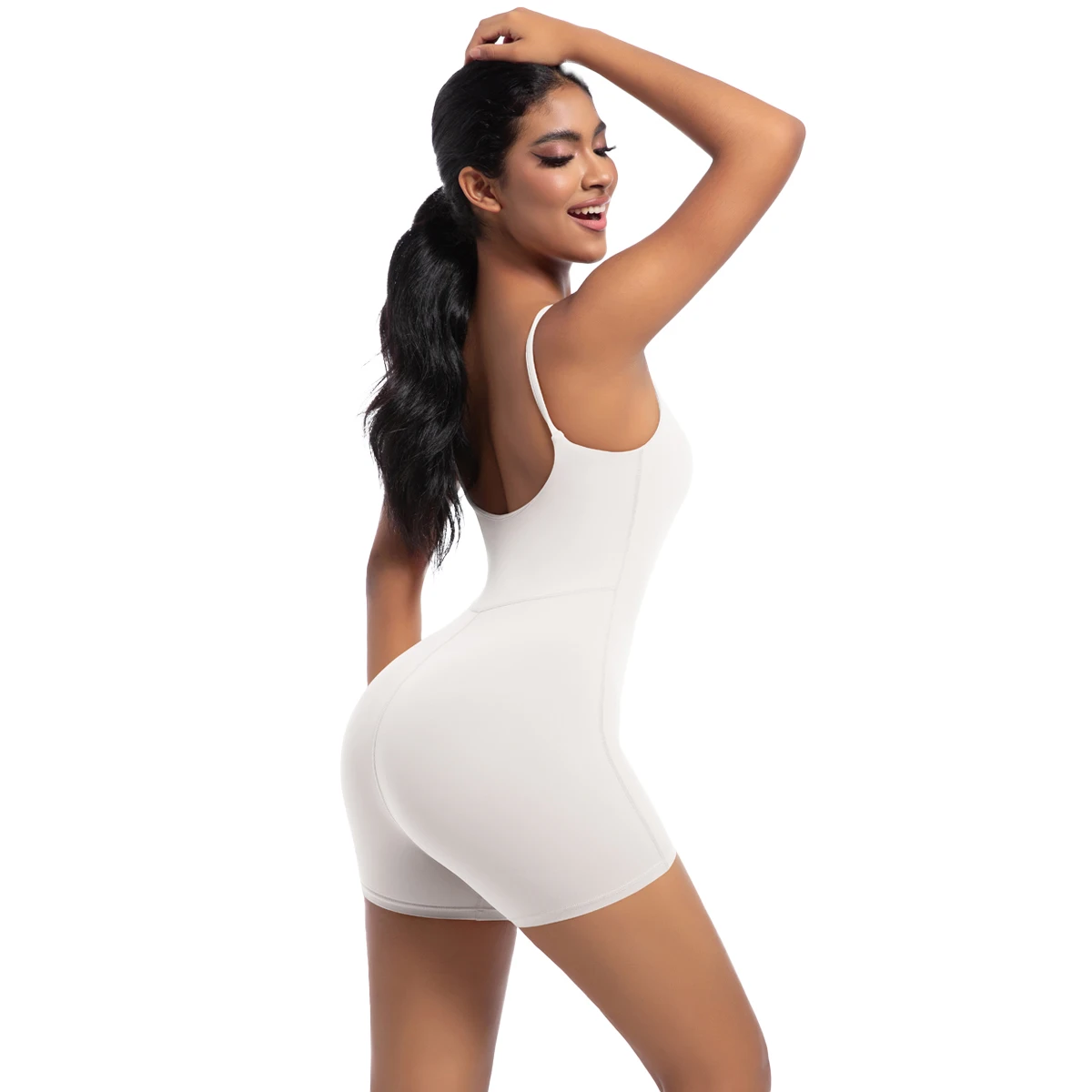 Hochfester Trainings-Stretch-Bodysuit für Frauen, Einteiler, schnelltrocknend, Hüft-Push-Up, Fitness-Shorts, Träger-Jumpsuit – Detail 38