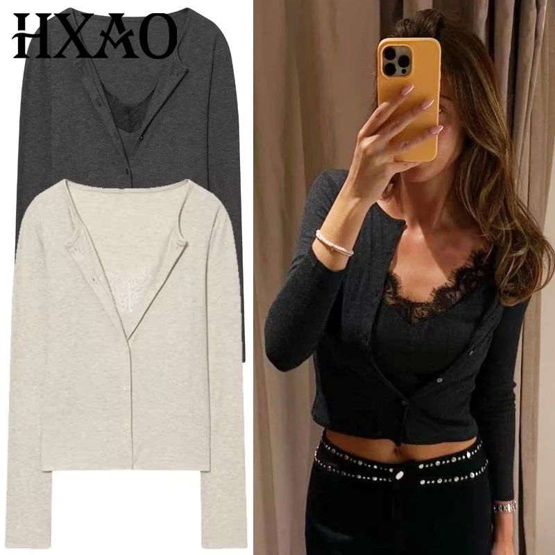 HXAO Cropped Lace Top Woman Blouses Autumn Grey Beige Shirts & Blouses Fitted Long Sleeve Button Up Shirts Korean Style Blouses