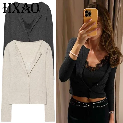 Imagen 1 del producto HXAO, blusas recortadas de encaje para mujer, camisas y blusas grises y Beige de otoño, camisas ajustadas de manga larga con botones, blusas de estilo coreano