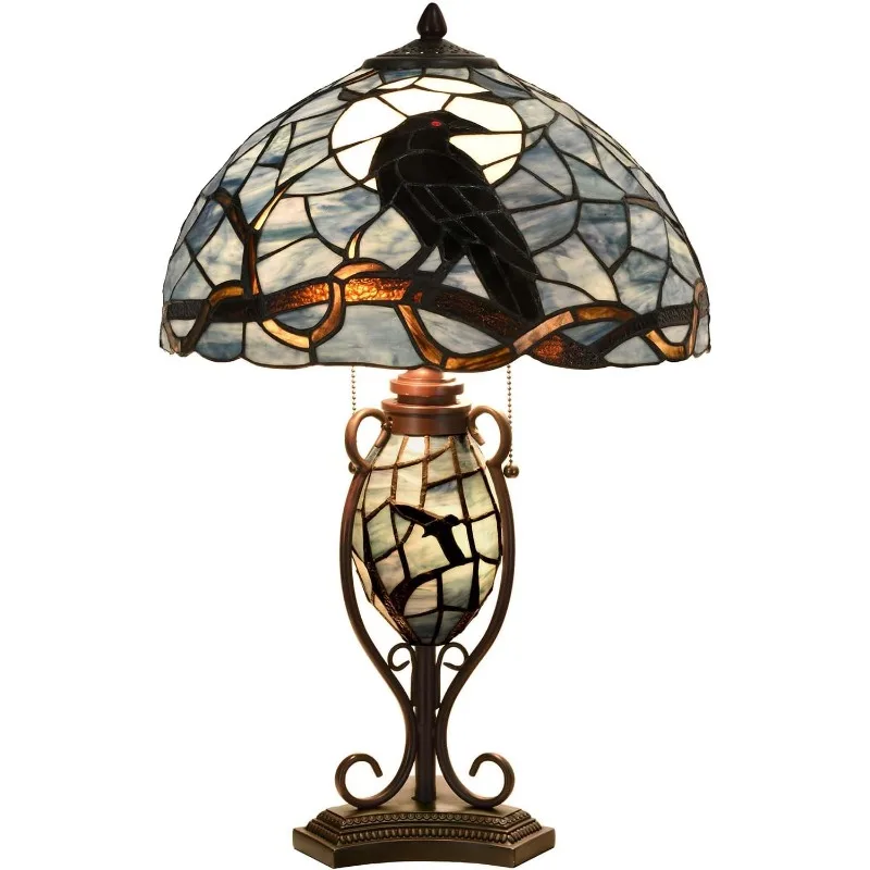 

L10954 Raven Sitting on Bare Tree Branch in Full Moon Night Tiffany Style Stained Glass Table Lamp for Home Decor (Dark Bl
