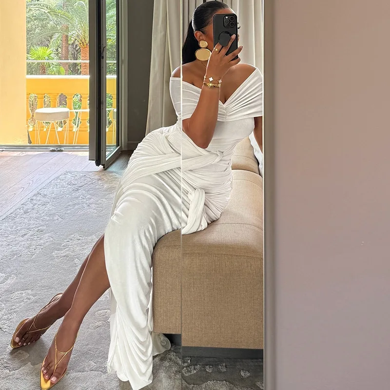 فستان نسائي أوروبي وأمريكي جديد بلون سادة بدون أكتاف بدون أكمام وشريط أنيق ونحيف #2