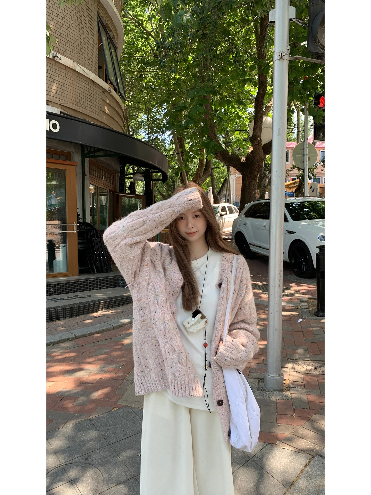 

Pink Knitted Open Cardigan Women's Loose Outerwear V-Ne Long Sve Polyester Blend Comfortable Lazy Sle Korean Faion
