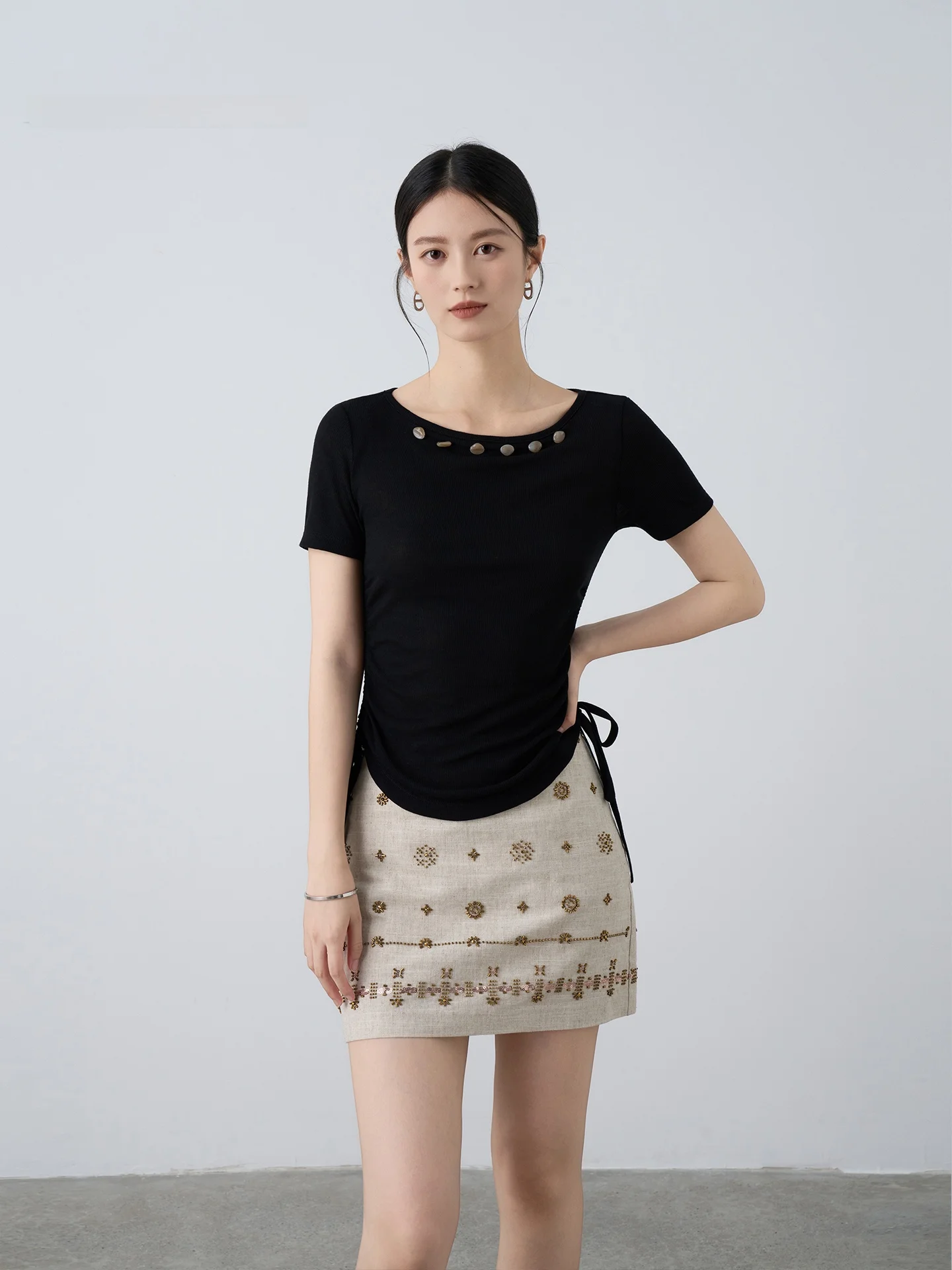 

Женская футболка Ele ort Sve, облегающая повседневная футболка с круглым дизайном, топ с поясом и каменным узором для лета Faion