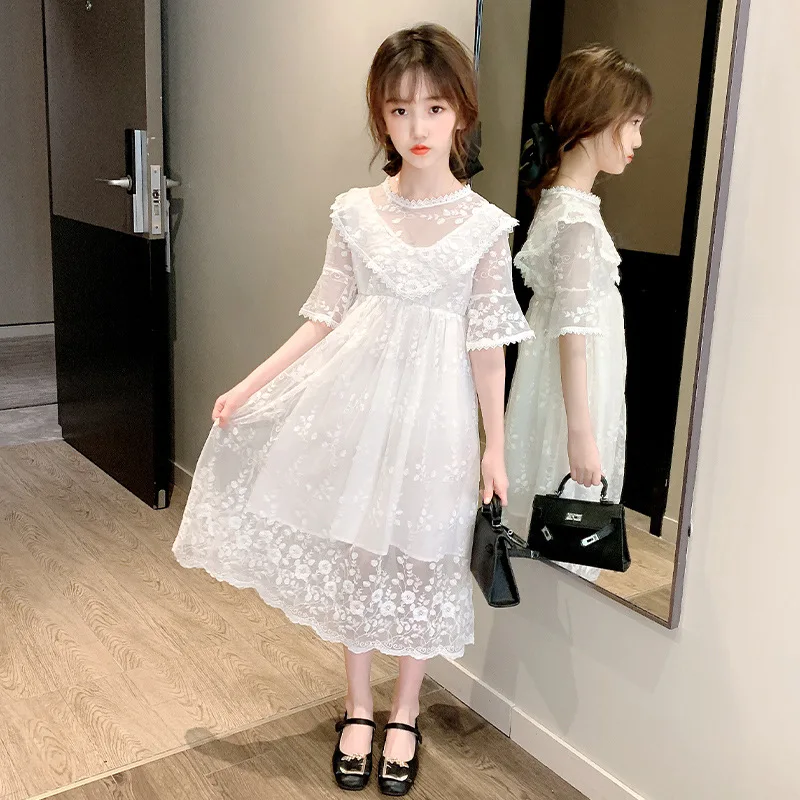 

2024 Summer mesh hollow Dresses White kid baby white Girls Mid Long lace Patchwork Teenager 5 7 6 8 10 12 14 9 11 13 15 17 Years