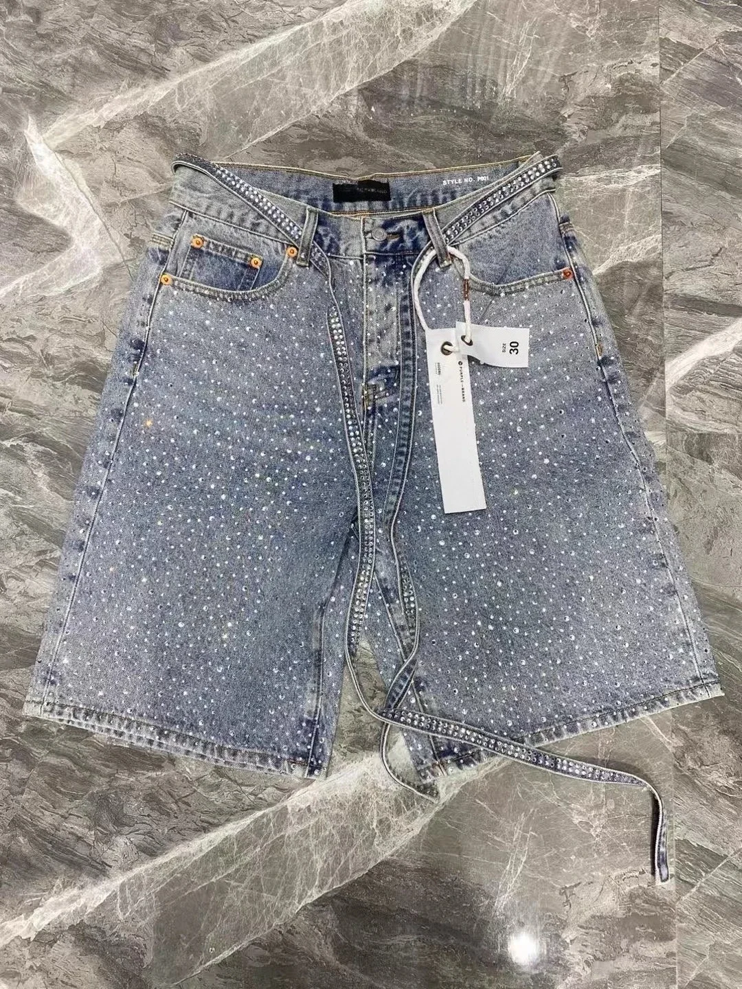 Pantalones cortos vaqueros con lentejuelas y diamantes de imitación de estilo americano, pantalones vaqueros Y2K para hombre, pantalones cortos holgados lavados con cinta de Hip Hop, pantalones por encima de la rodilla de cintura baja