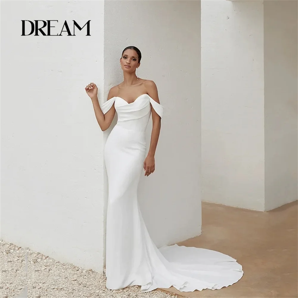 

DREAM Elegant Off The Shoulder Mermiad Wedding Dress V-Neck Pleat Open Back Buttons Bridal Gown Vestidos De Noiva Customized
