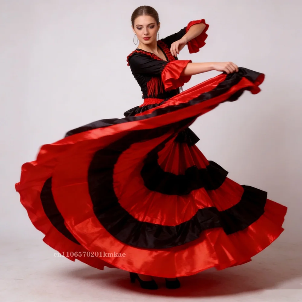 360/720Degree Gypsy Woman Spanish Flamenco Skirt Polyester Satin Smooth Big Swing Carnival Party Ballroom Dance Costumes Dress