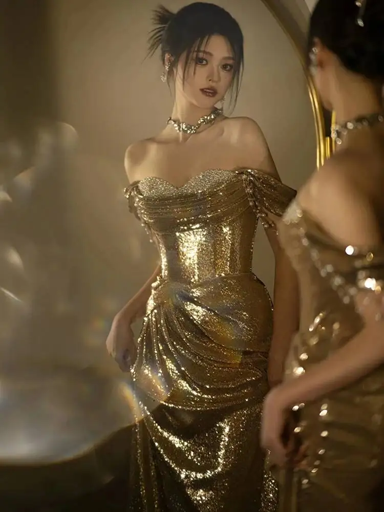 

evening gown, women's high-end Golden sequin host, one shoulder strapless toast dress, bride's fishtail skirt, small tail