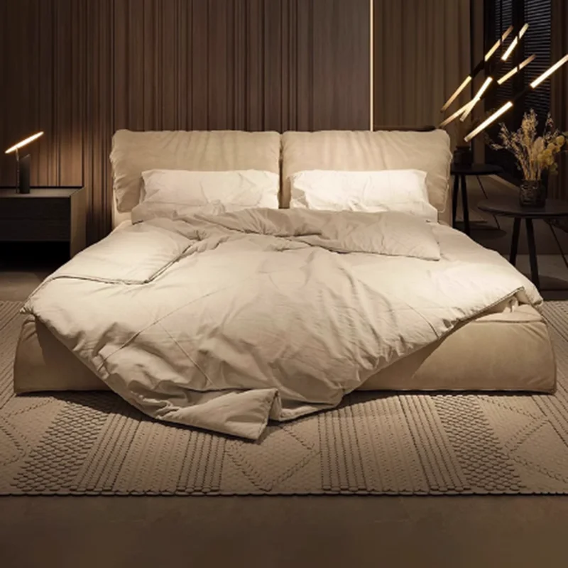 

Beige King Metal Double Bed Storage Space Simple White Modern Wooden Double Beds Luxury Pliable Cama Matrimonial Bedroom Stuff