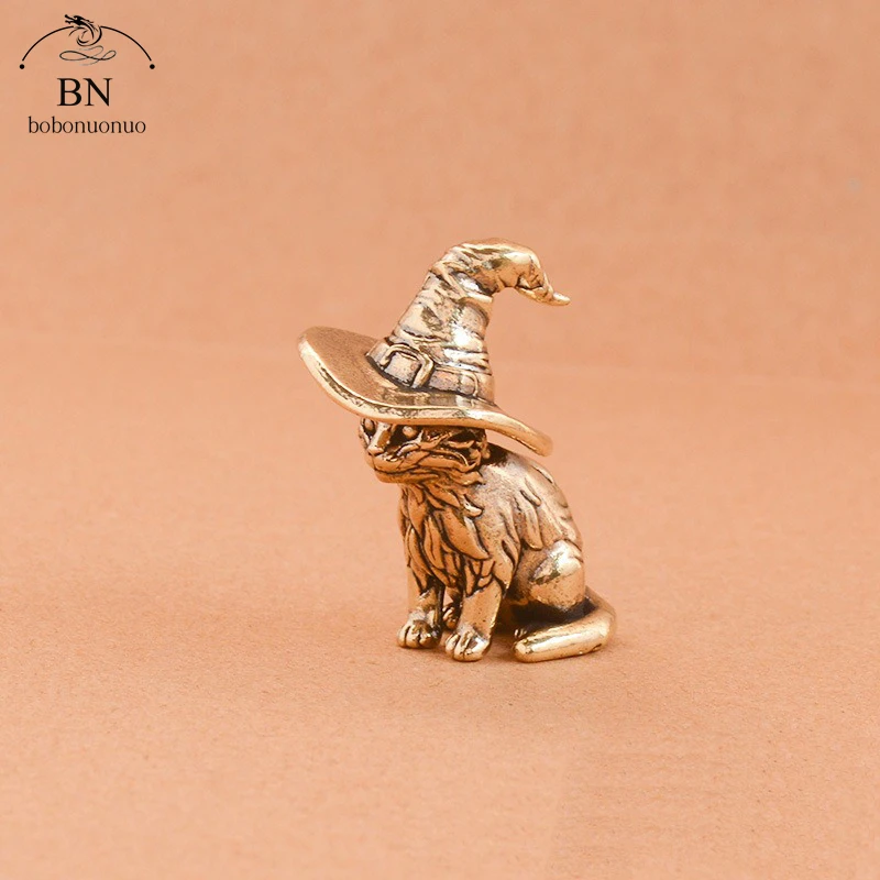 Cute sorcerer Cat Small Statue Creative Solid Brass Childish Animal Kitten Miniature Figurine Ornaments Retro Home Decors - view 6