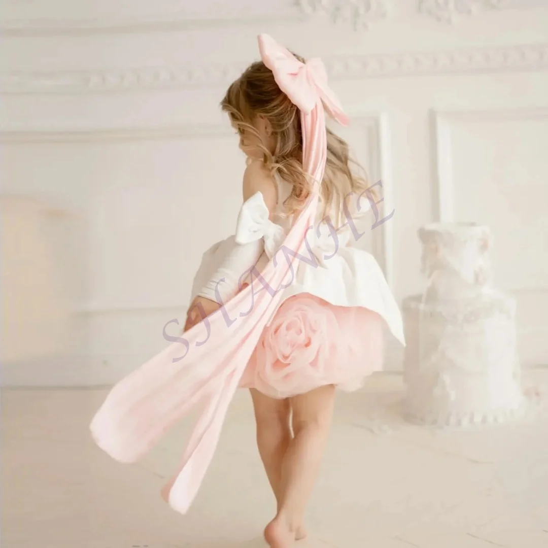 

Customized Pink Flower Girl Dress For Wedding Fluffy Velvet With Bow Lovely Kids Birthday Party Banquet First Communion Gown