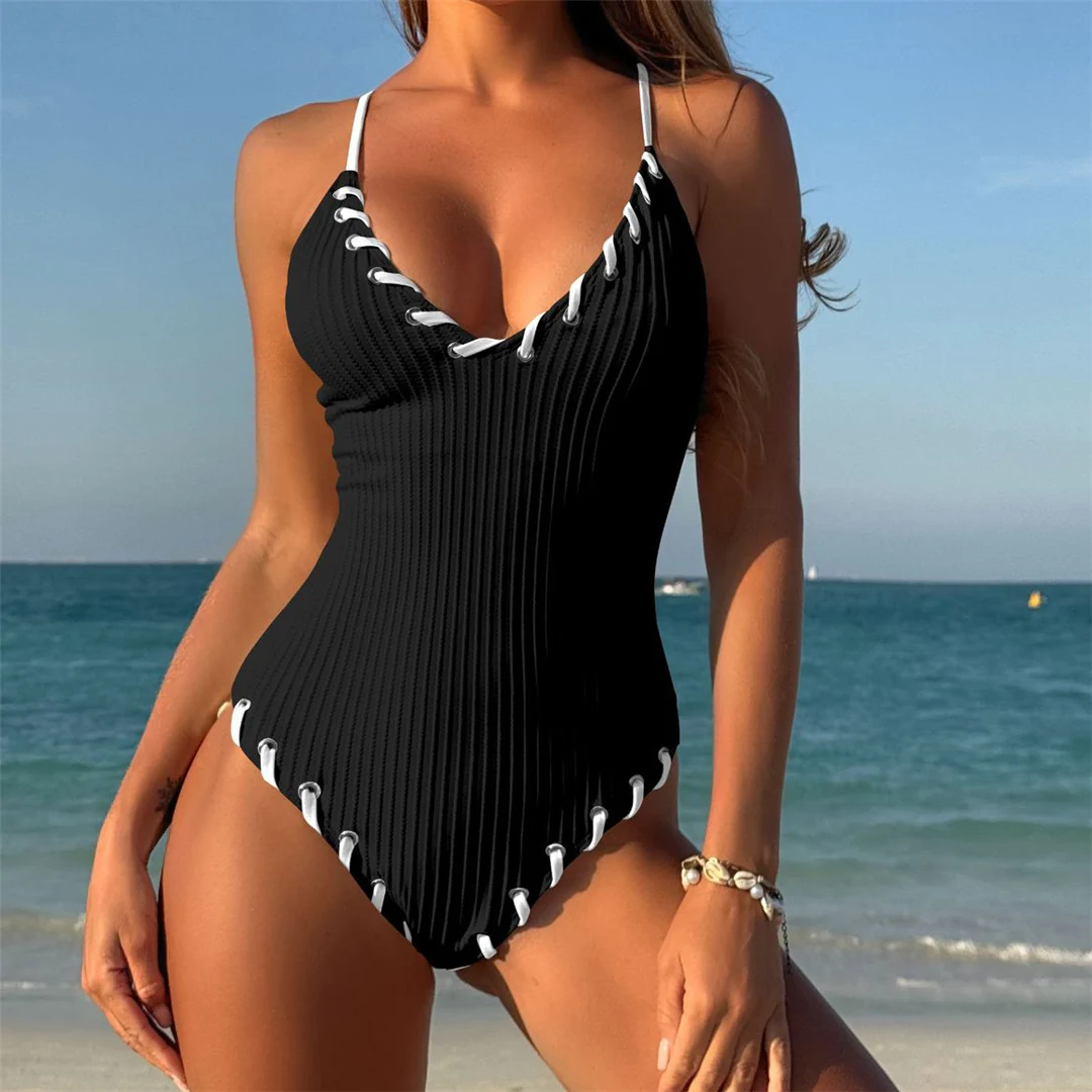 5 Farben, V-Ausschnitt, gerippter, kreuzförmiger Rücken, einteiliger Badeanzug, Damen-Badebekleidung, hoch geschnittene Monokini-Badehose, Badeanzug, Badebekleidung, V6278 – Detail 29