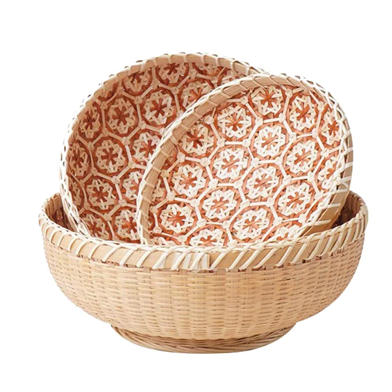 

HOT SALE 3 Pack Natural Bamboo Weaving Round Storage Baskets,Fruit Basket,Bread Baskets For Serving,Kitchen Snack Gift Basket