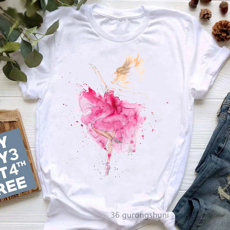 Watercolor Ballet Dance Lover Print Tshirts Girls Summer Fashion Short Sleeve T Shirt Femme Harajuku Shirt White T-Shirt Female