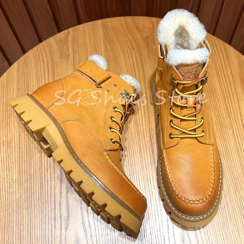 Retro Winter Warm Fur Snow Boots for Men Chunky Bottom Anti-Slip Waterproof High Top Short Boots Male Outside Walking Boots