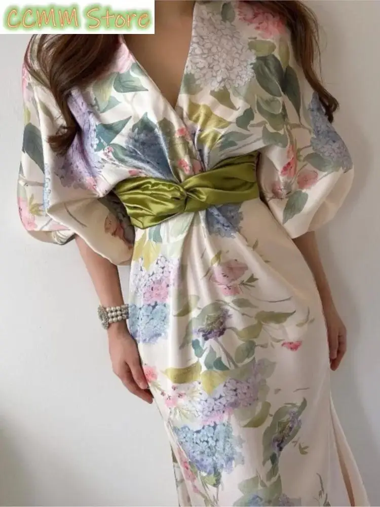 Robe de soirée à imprimé floral pour femmes, manches lanterne, col en V, vintage, batterie, vêtements d'anniversaire élégants, nouveau, printemps, été