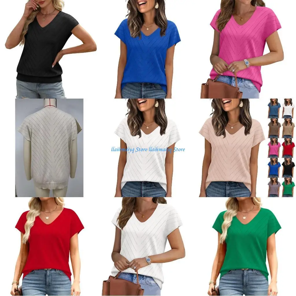 573B Suéter manga corta para mujer, cuello en V, Top Color sólido, ropa para vacaciones en playa, Camisa punto