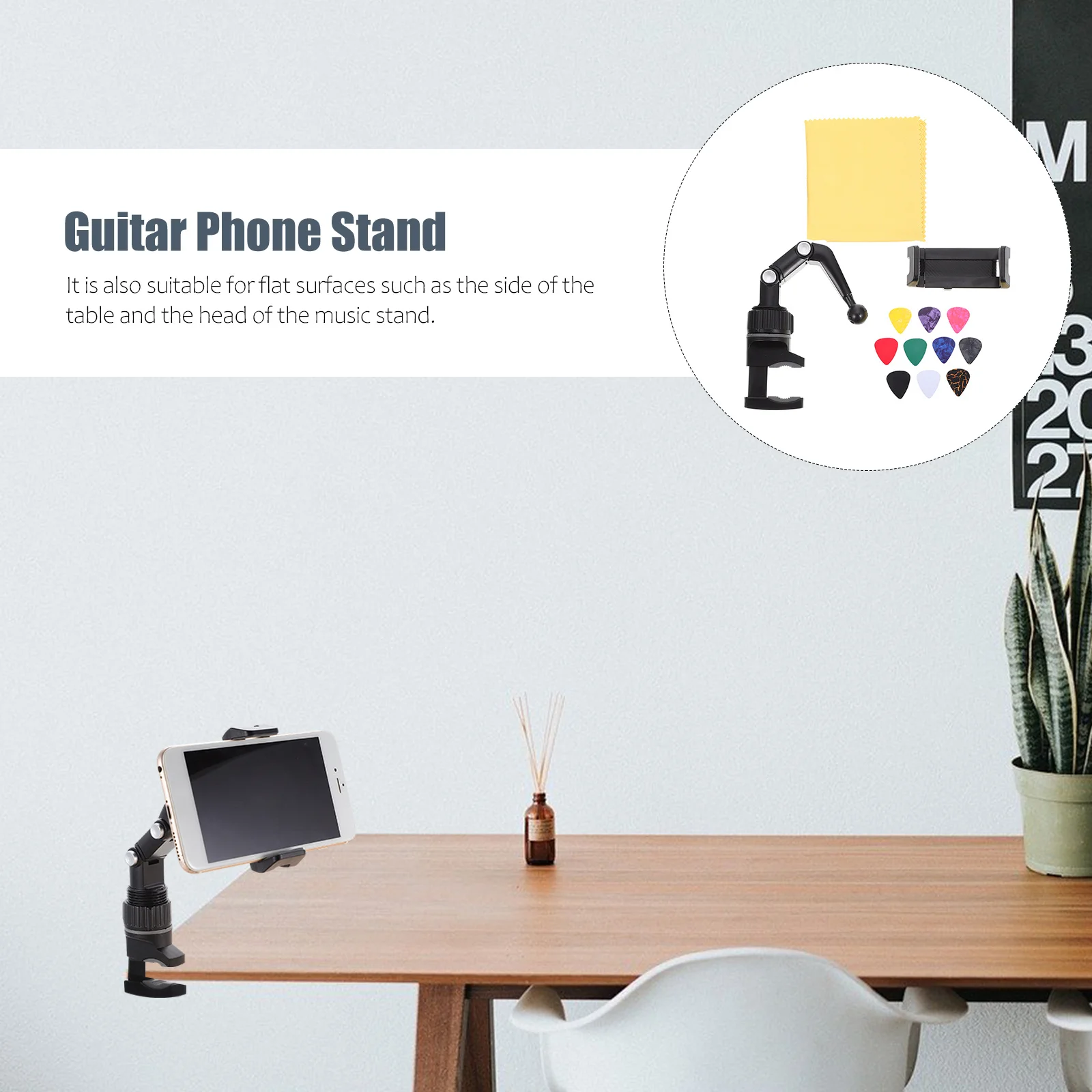 1 Juego de soporte para teléfono de guitarra y músico, soporte de Clip de plástico ajustable, rotación de 360 grados para puntuación de teléfono móvil