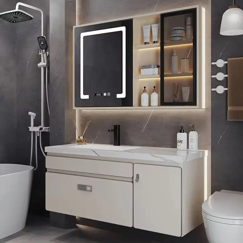 

Легкие роскошные керамические встроенные шкафы для ванной комнаты, умывальник, простой современный туалетный столик для ванной комнаты, умный зеркальный шкаф, мебель для дома