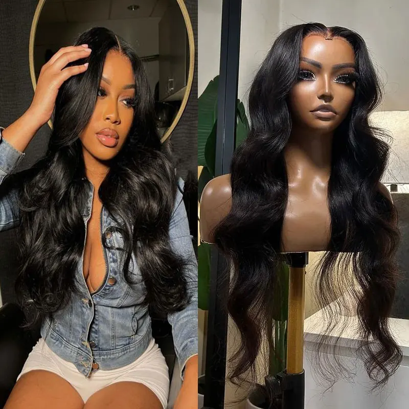 

Парик Jet Black Body Wave синтетический 13x4 на сетке спереди, высококачественные термостойкие волосы из волокна, естественная линия волос, средняя часть для женщин