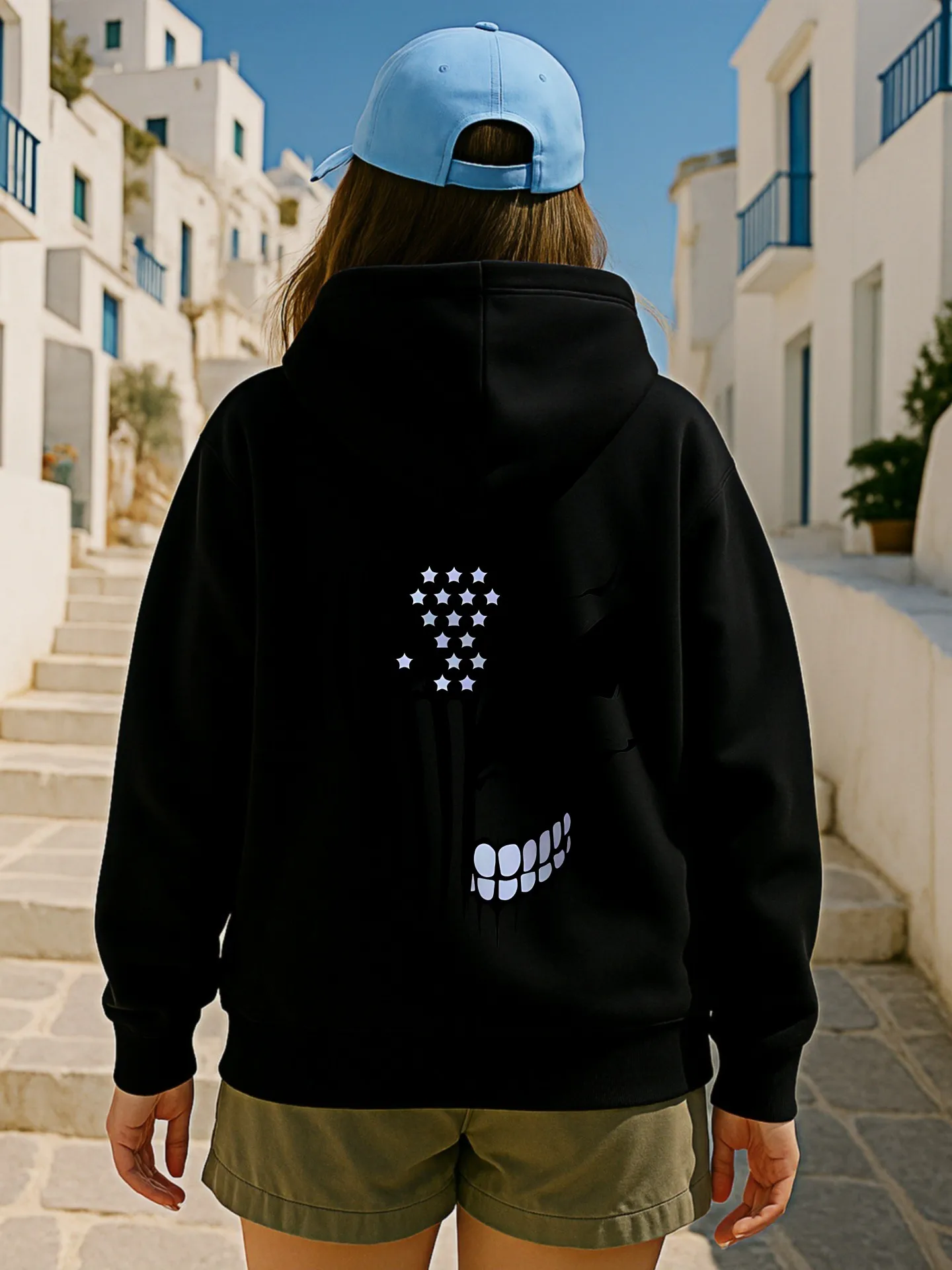 Sudadera con capucha gráfica para mujer, estampado de calavera y bandera americana, estética streetwear, tela suave, uso diario informal, para hombres jóvenes