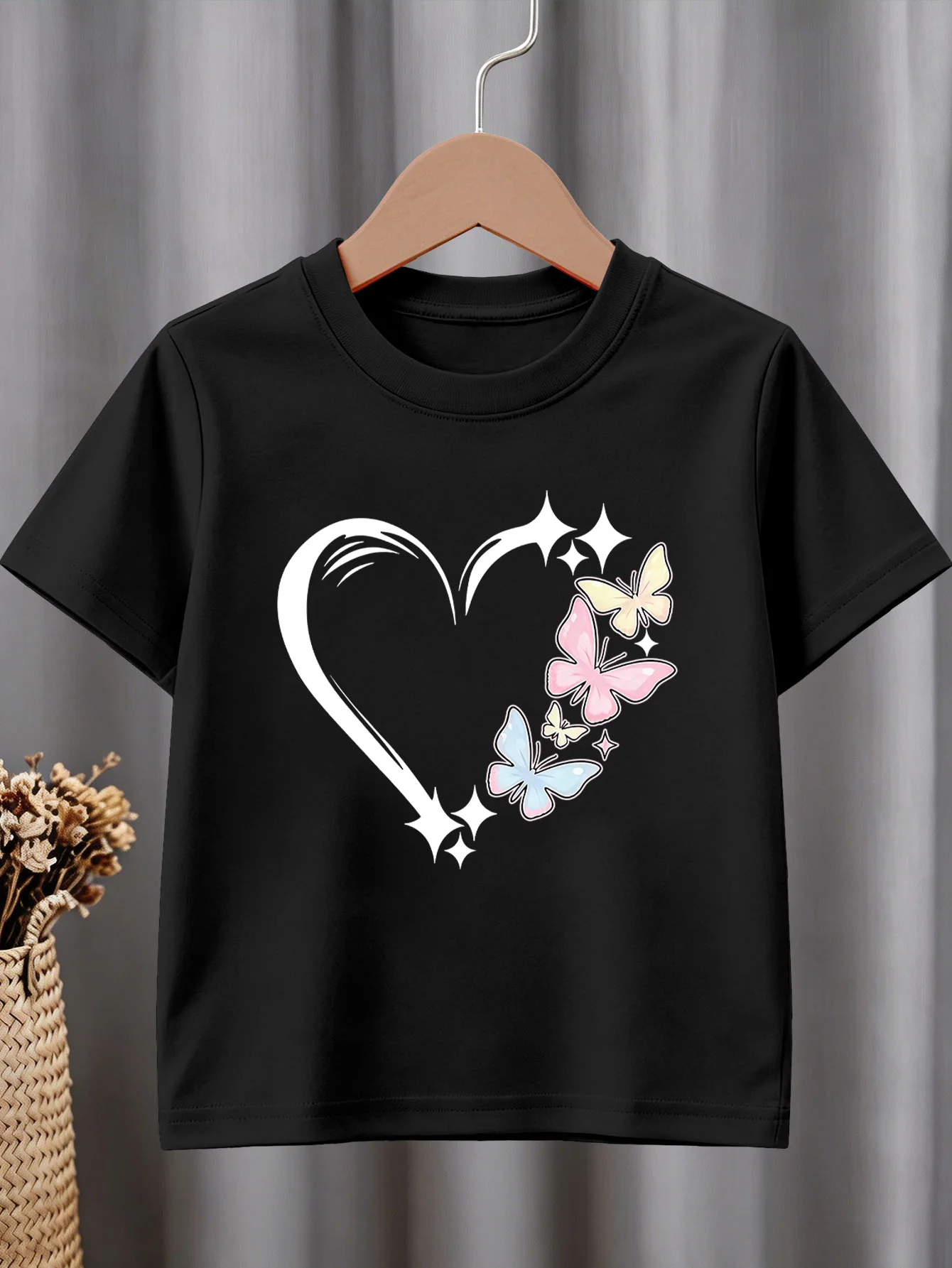 Cute Heart Star Butterfly Print Graphic Kids Tee Boys Girls Family Matching Cotton Crew Neck Short Sleeve Soft Summer Tee