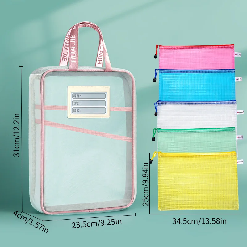 HUAJIE 6‑Pcs A4 Mesh File Set 1 Carry Tote +5  Mesh Zipper Pouches With Label Tags for Document Classification