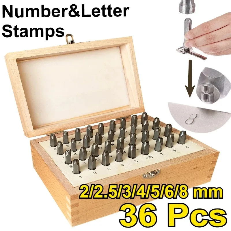 36Pcs 2/2.5/3/4/5/6/8mm 40Cr Alloy Steel Letter Number Stamp Punch Set Metal Marking Tool with Wooden Storage Case