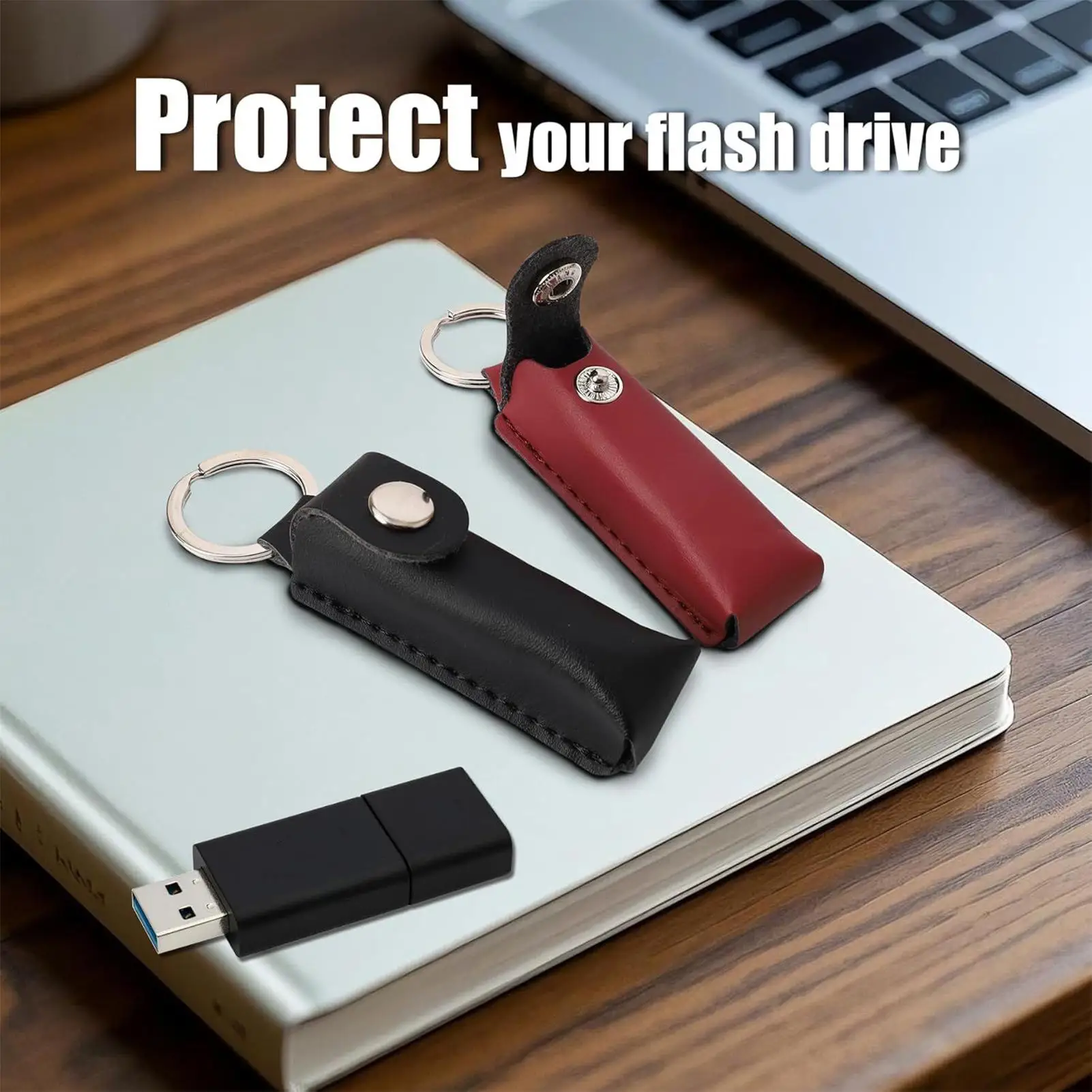 Flash Drive Case PU Leather USB Flash Drive Storage Case Small Keychain for Teacher Photographers Office Backup Birthday Access