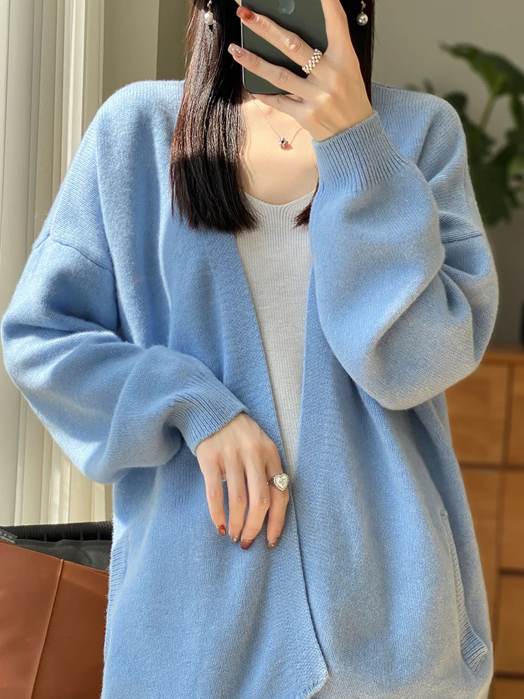 ADDONEE Women Cashmere Sweater Casual Loose Cappa Cardigan Autumn Winter 100% Merino Wool Knitwear Korean Popular Clothing Tops