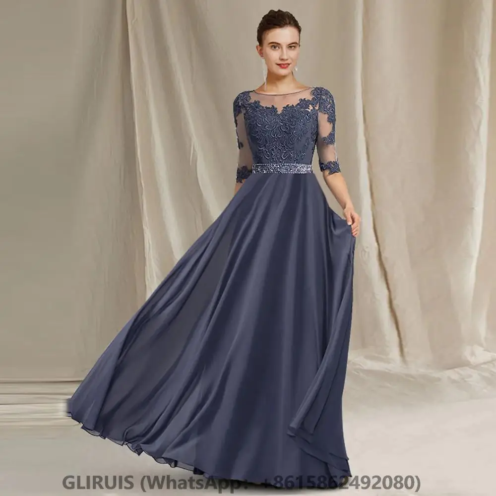 

Navy Appliques Mother Of The Bride Dresses Scoop Collar Long Sleeve A-Line Floor Length Dress Women For Wedding Party