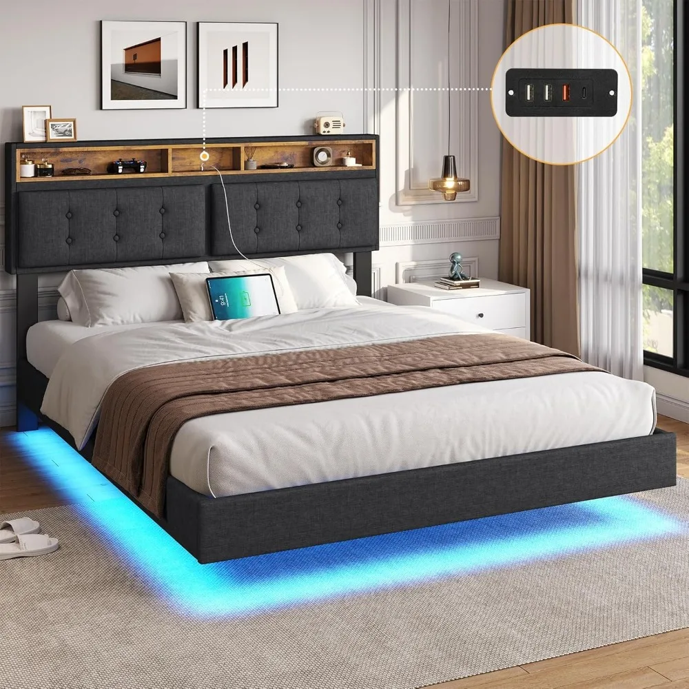 

Modern Large Visible Floating Platform Bed Frame with LED Lights and Charging Station, Storage Headboard, Linen Large Bed