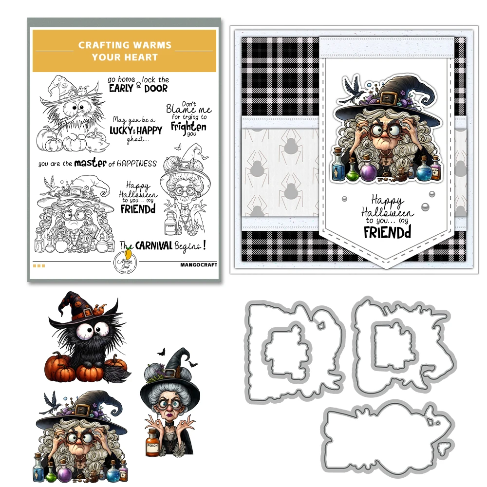 Mangocraft Funny Halloween Witch Lady Cutting Dies Clear Stamp DIY Scrapbooking Supplies Metal Dies Silicone Stamp Cards Albumy
